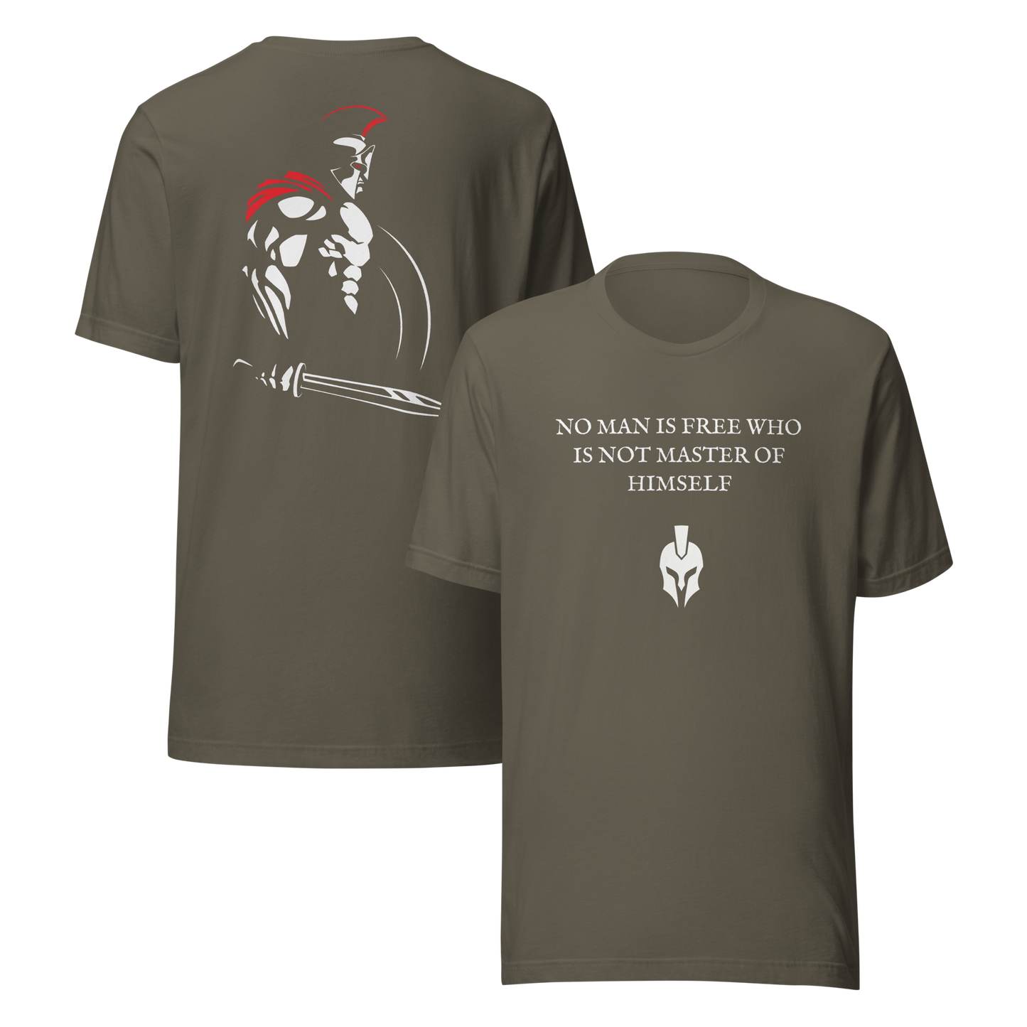 Green t-shirt with warrior design and motivational quote on a white background