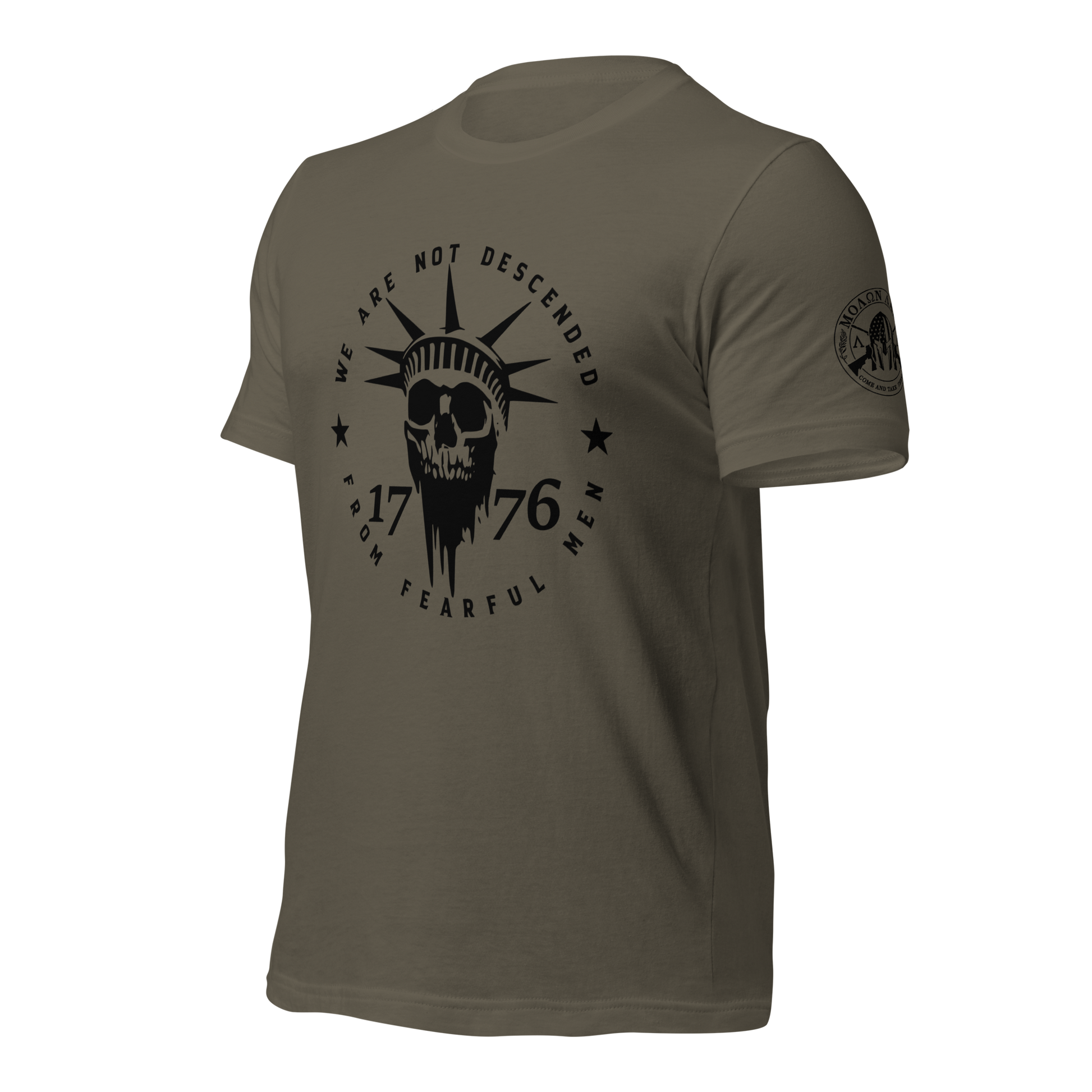 Olive green t-shirt with black graphic design on a white background