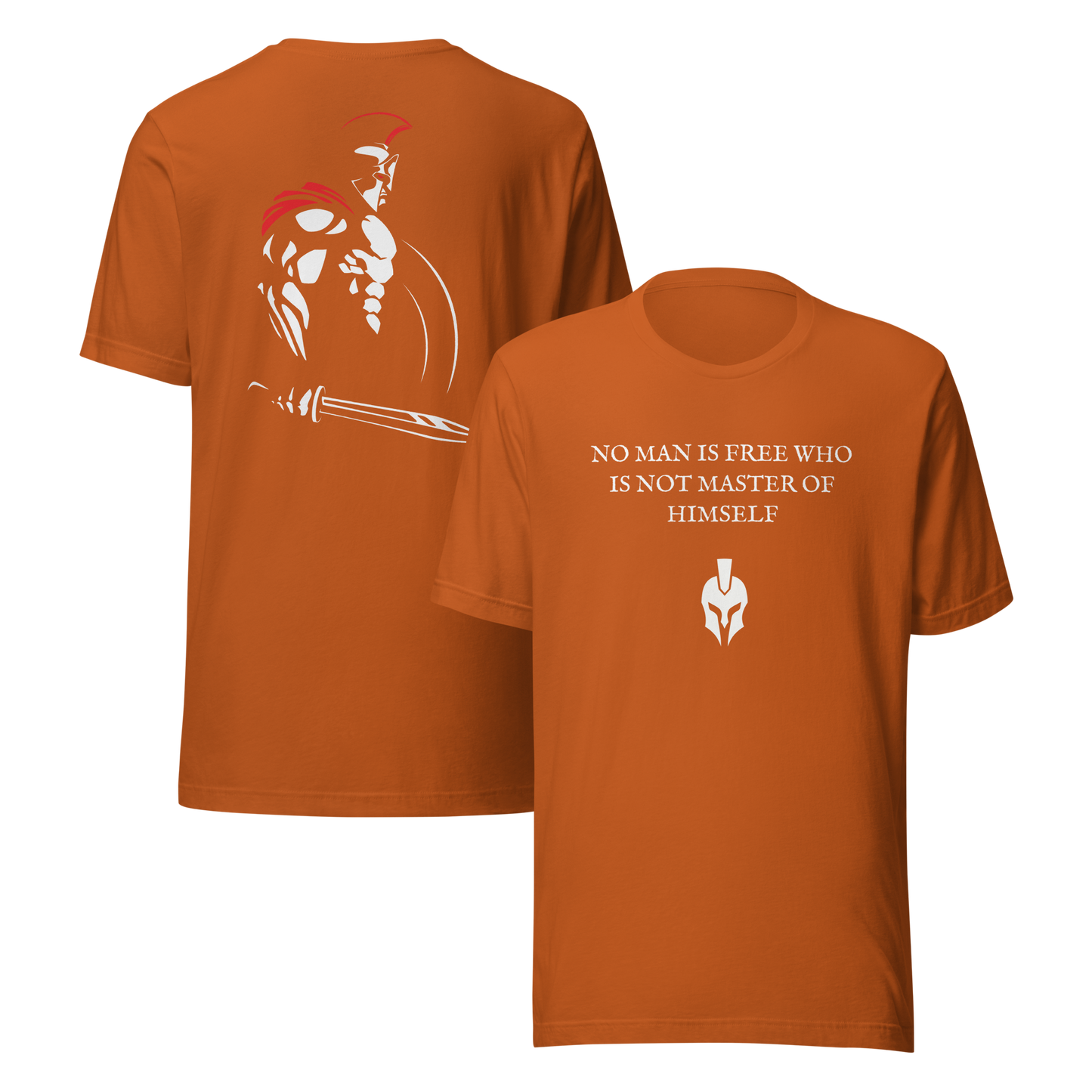 Orange t-shirt with warrior design and motivational quote on a white background