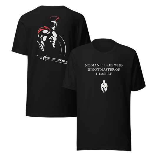 Black t-shirt with warrior design and motivational quote on a white background