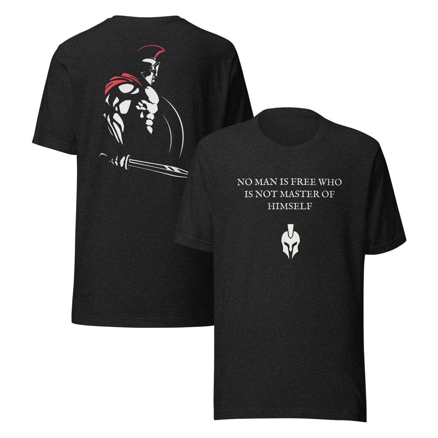 Black t-shirt with warrior design and motivational quote on a white background