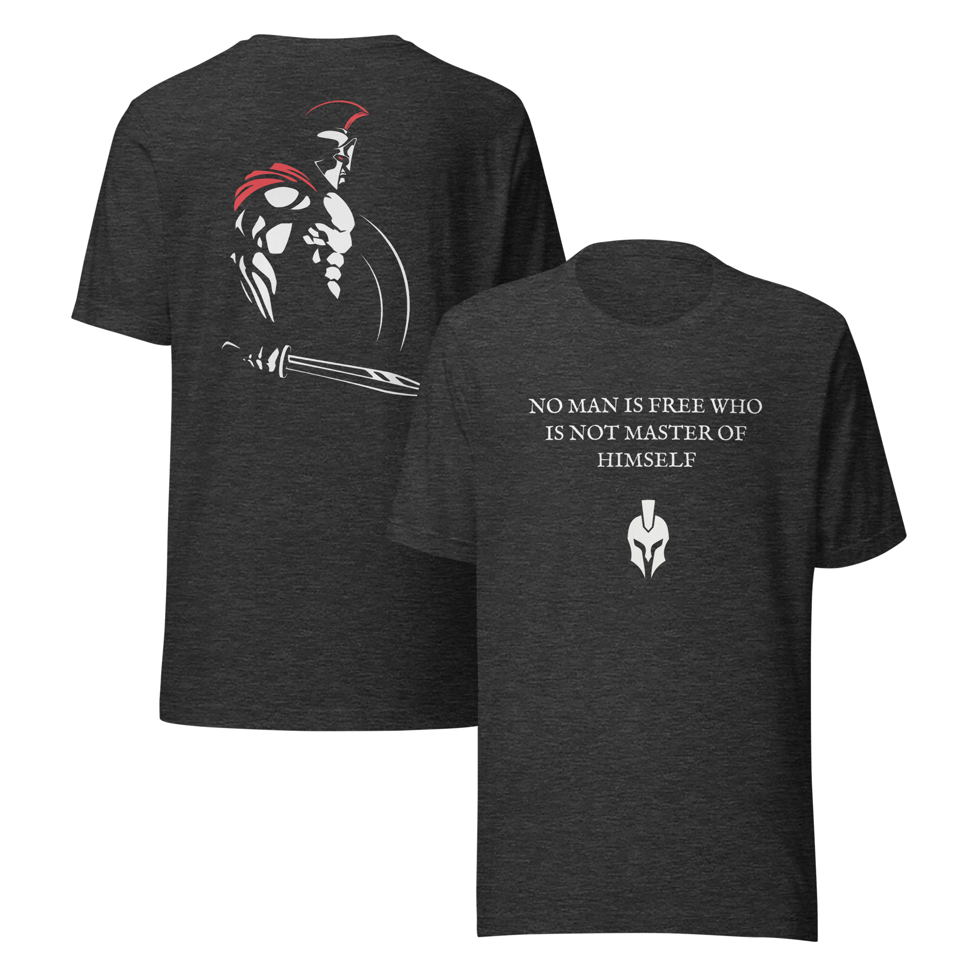 Black t-shirt with Spartan warrior design and motivational quote on a white background