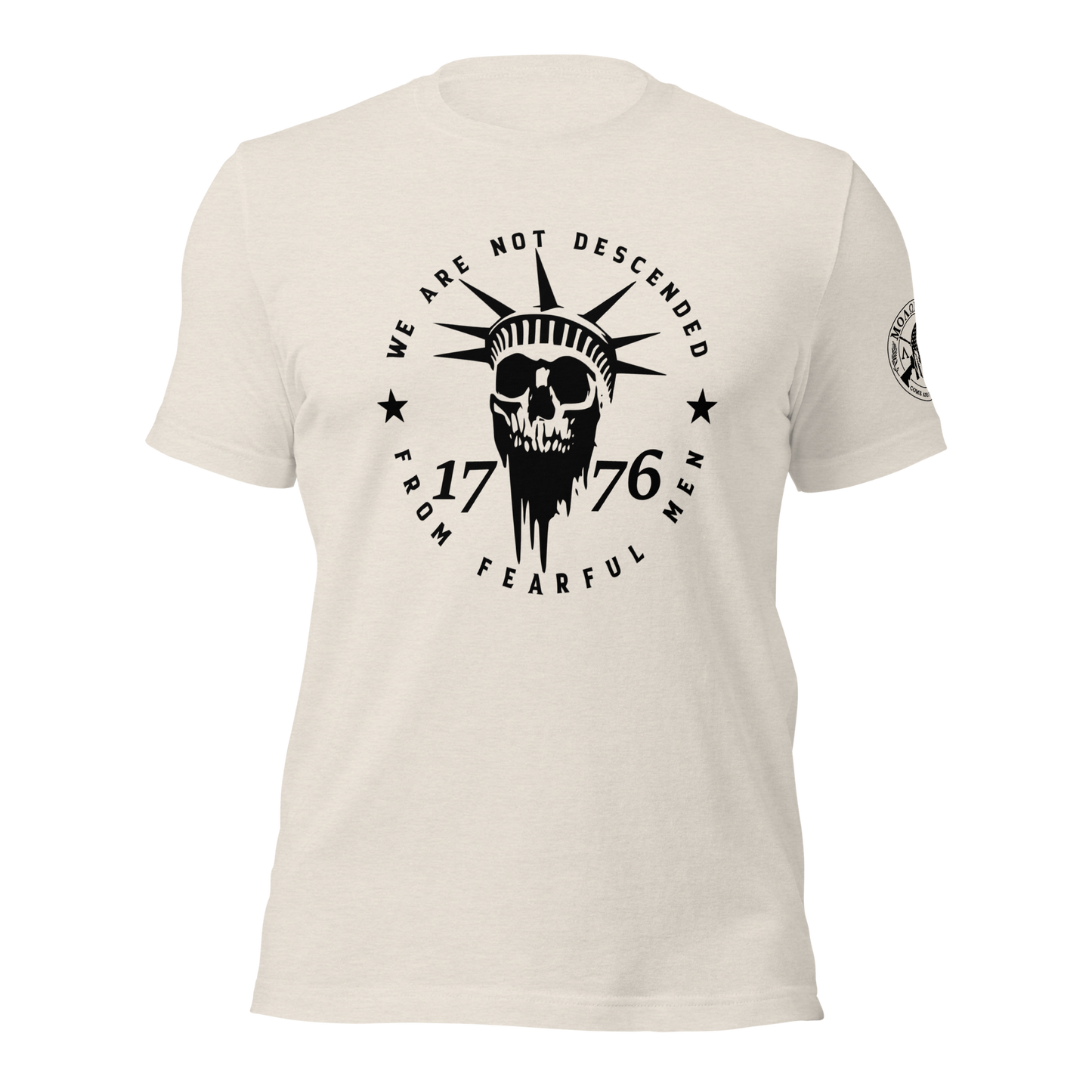 Beige t-shirt with black graphic design on a white background