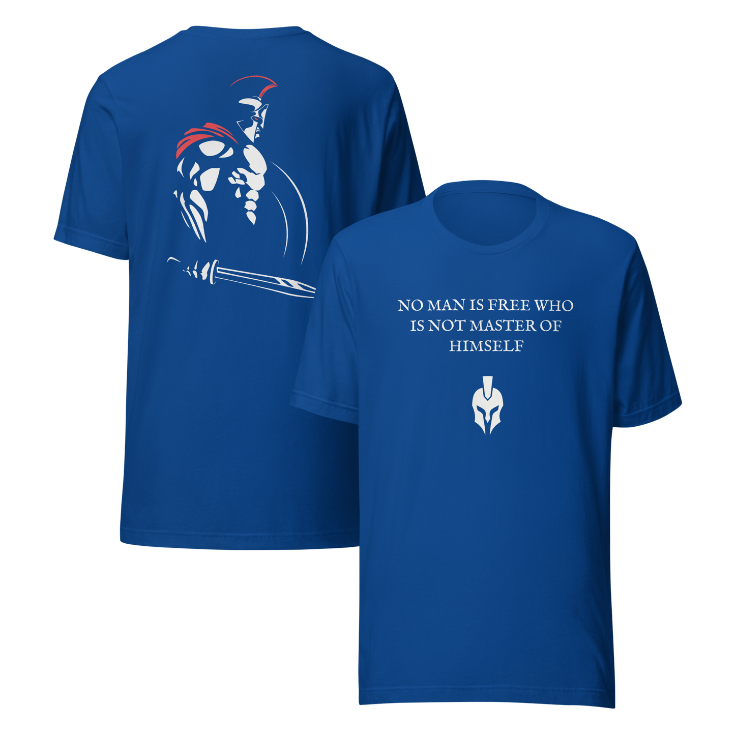 Blue t-shirt with Spartan warrior design and motivational quote on a white background