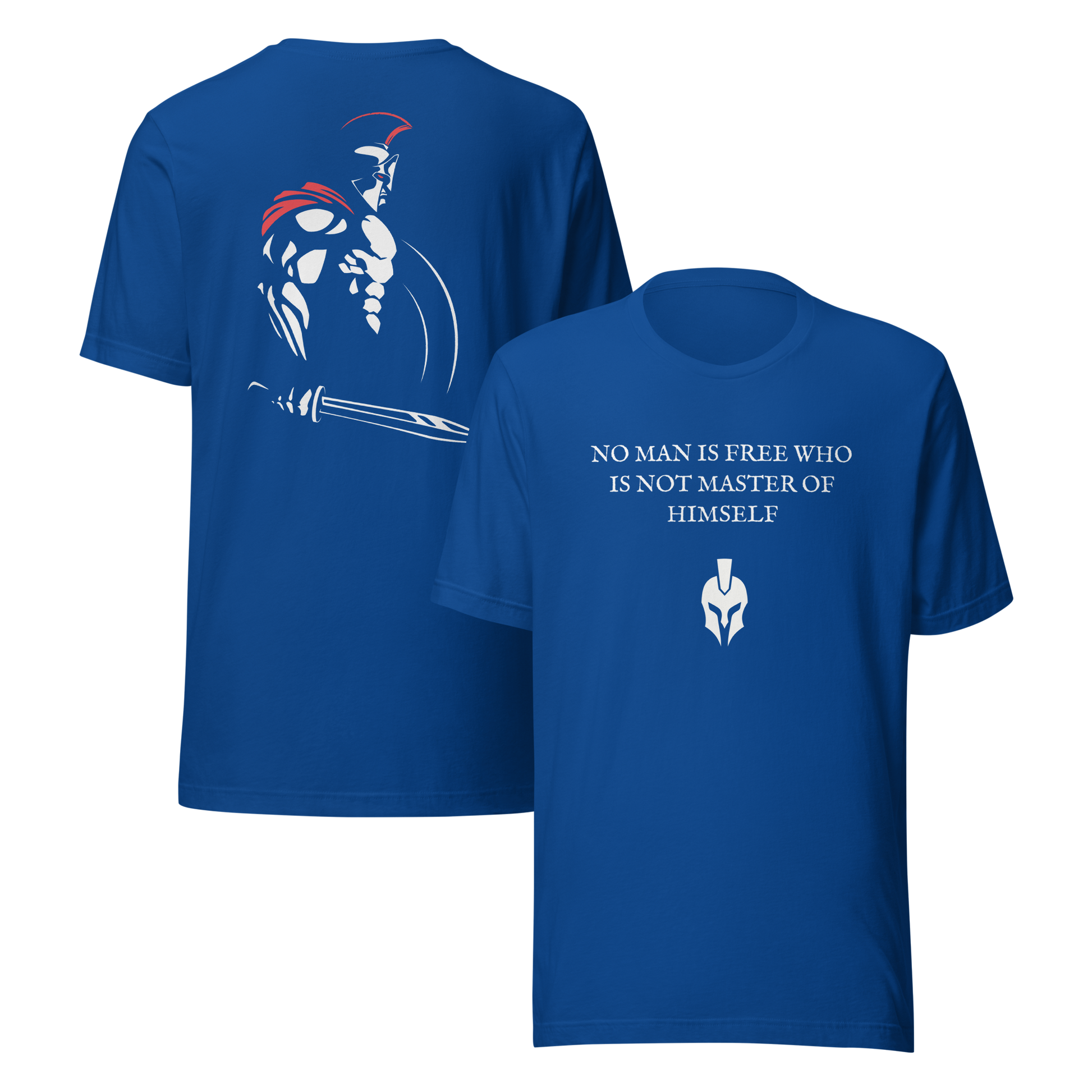 Blue t-shirt with Spartan warrior design and motivational quote on a white background